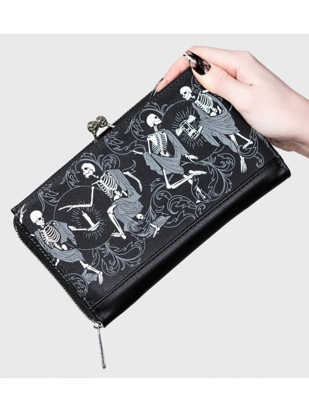 Black Skeleton Print Zip Wallet Clucth - Women Bags Killstar